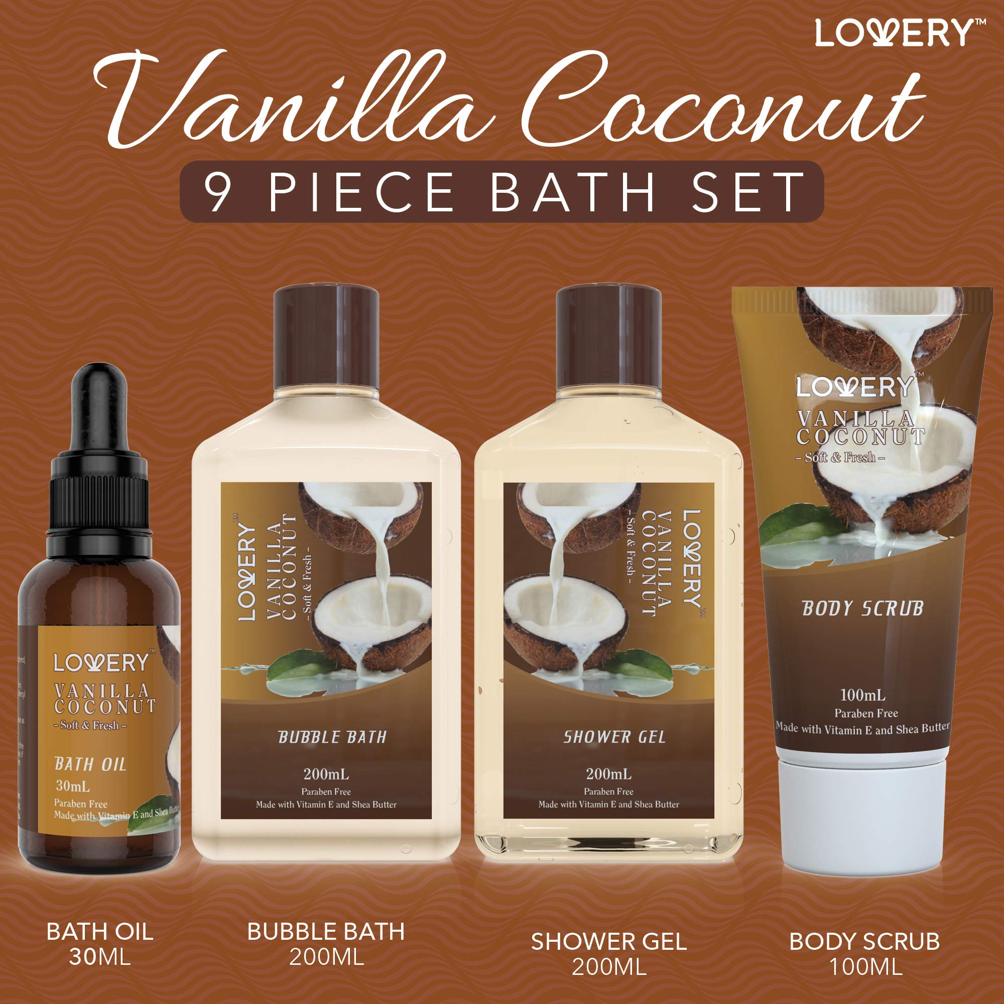 9 Piece Set - Vanilla Coconut Scented Home Spa Kit